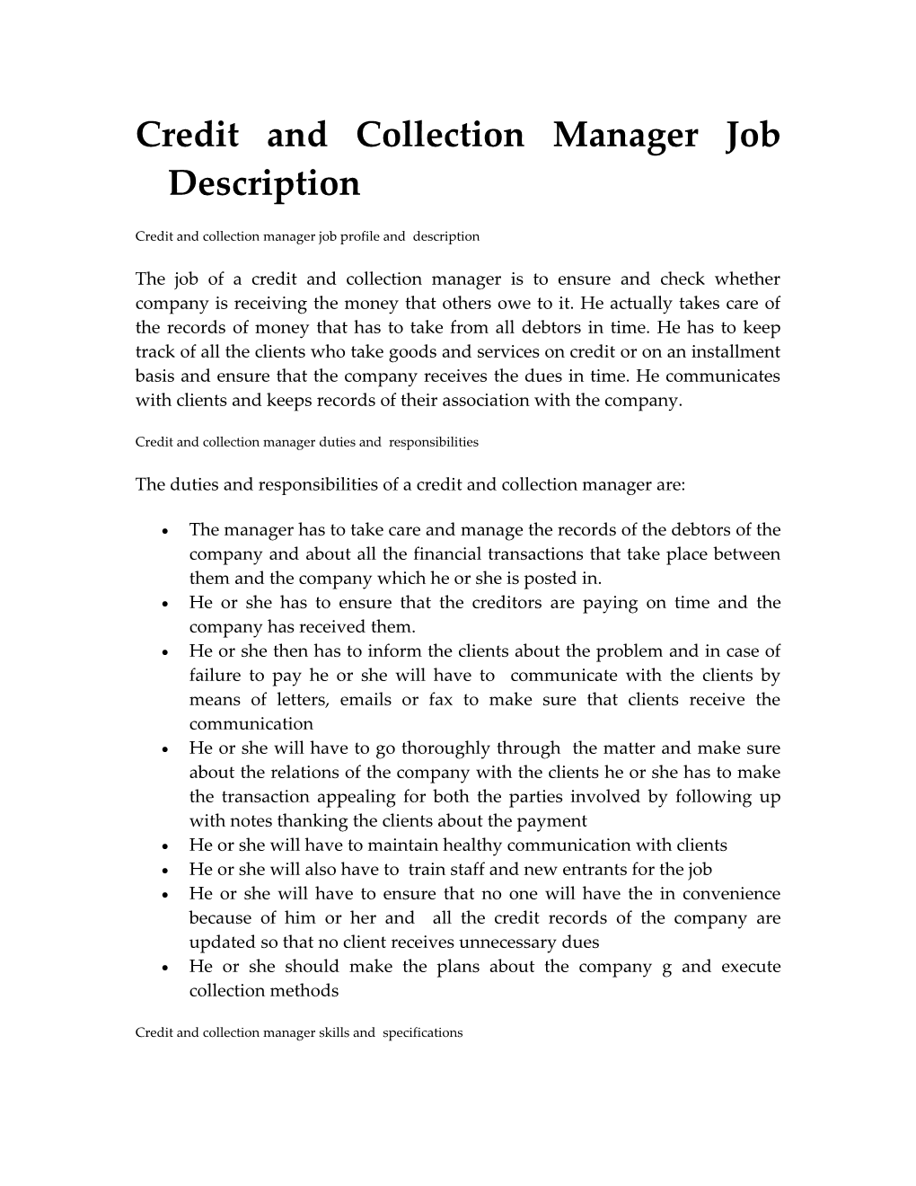 Credit and Collection Manager Job Description