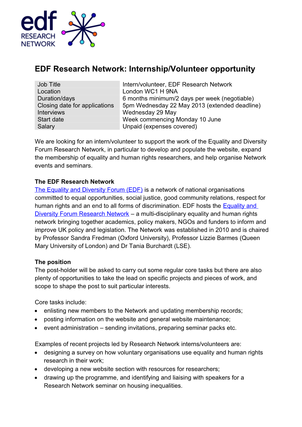 EDF Research Network: Internship/Volunteer Opportunity