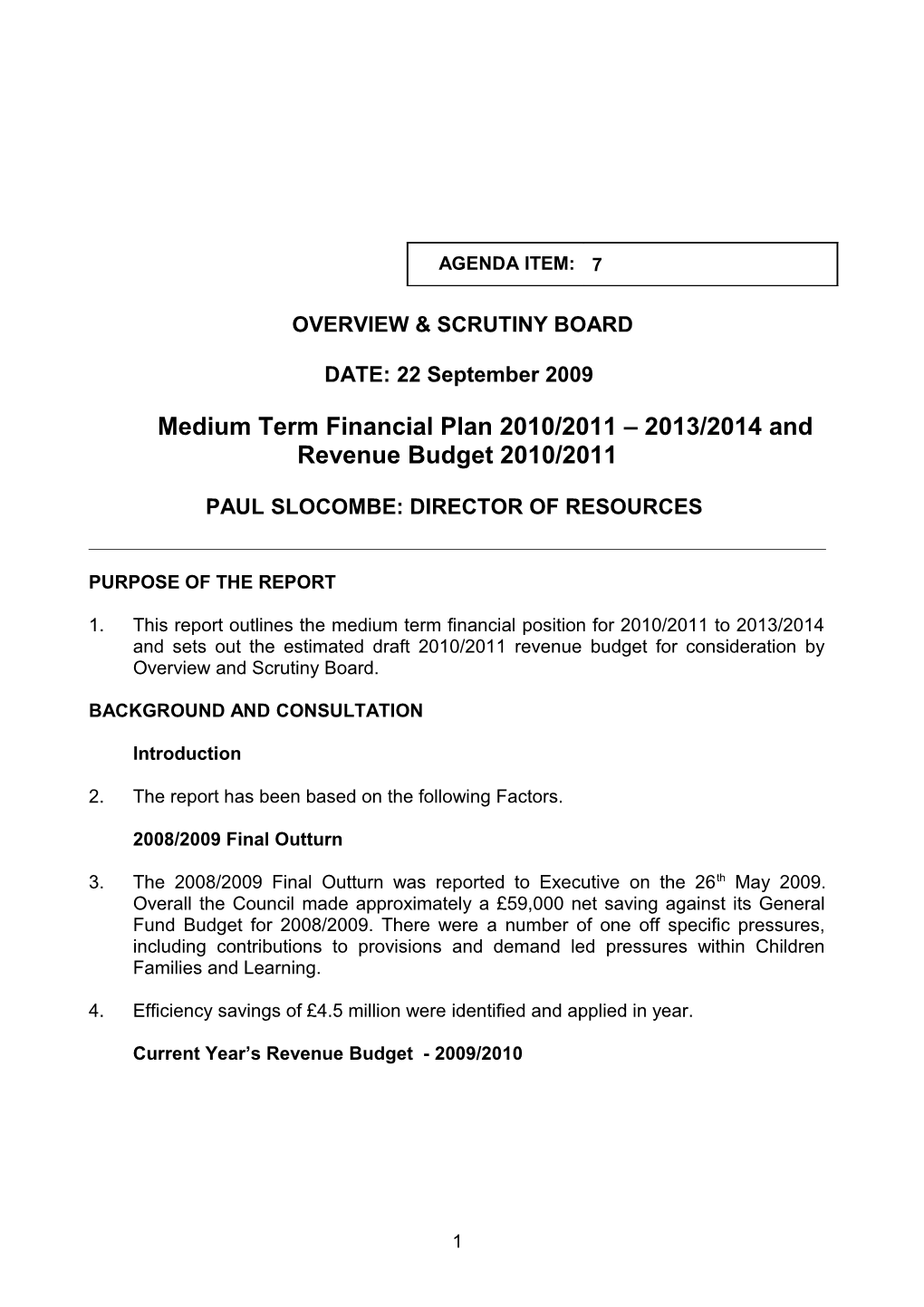 Medium Term Financial Plan 2010/2011 2013/2014 and Revenue Budget 2010/2011