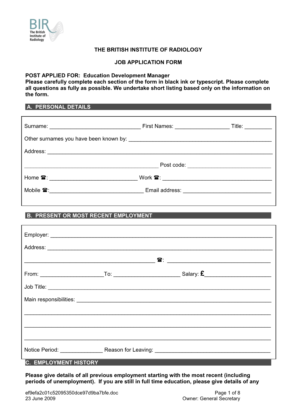 BIR Application Form