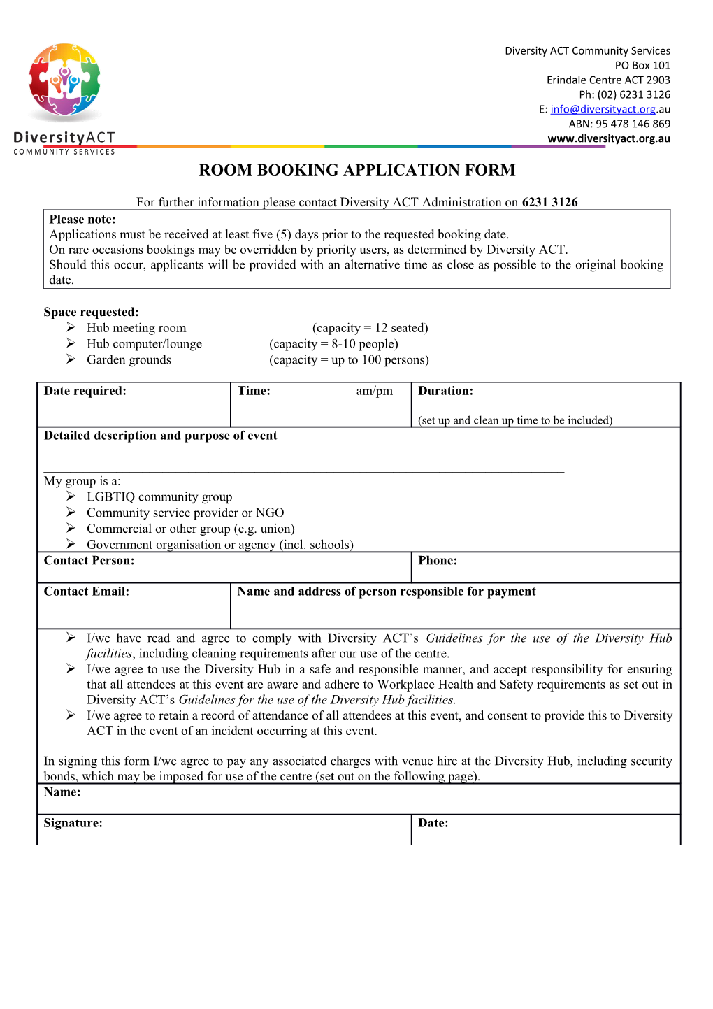 Room Booking Application Form