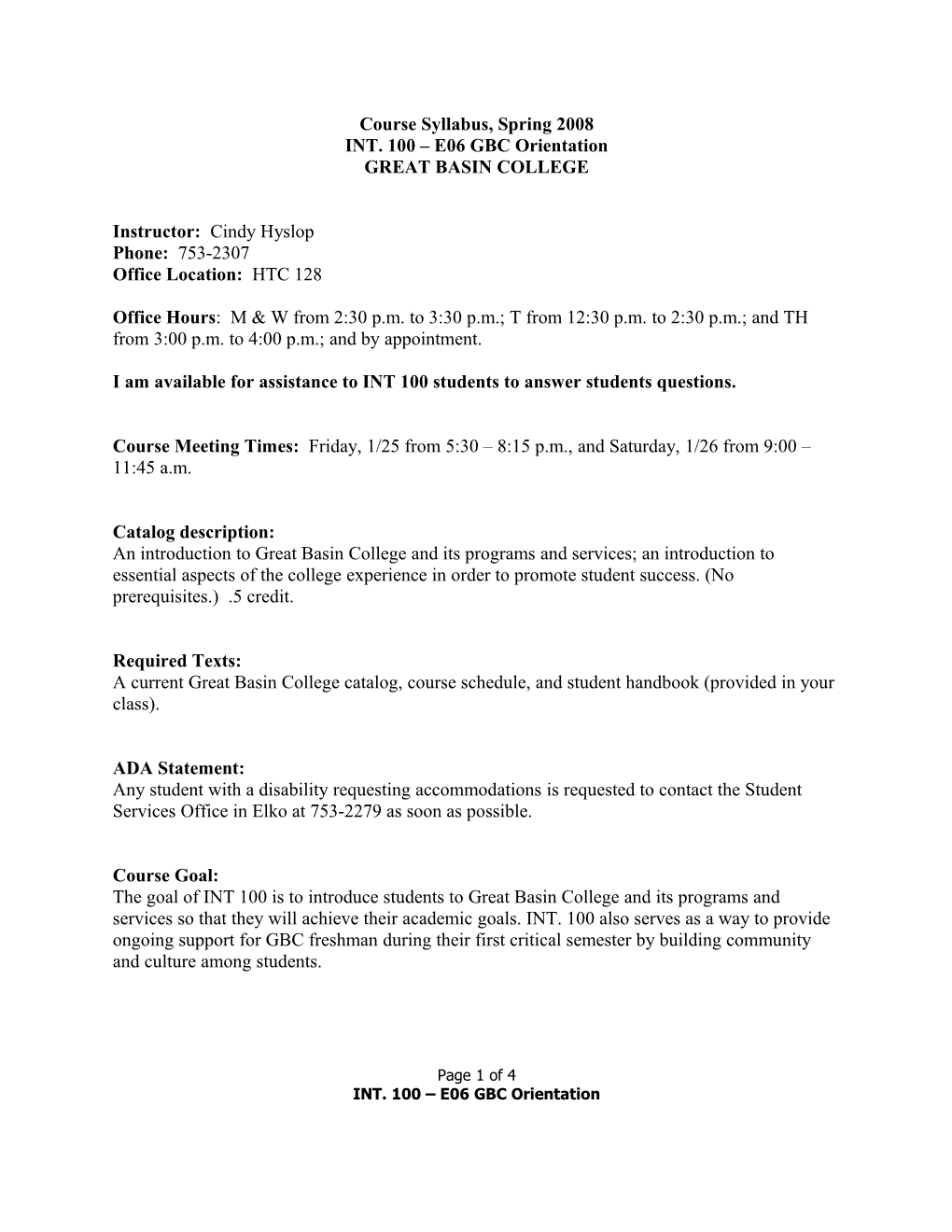 Course Syllabus, Spring 2003