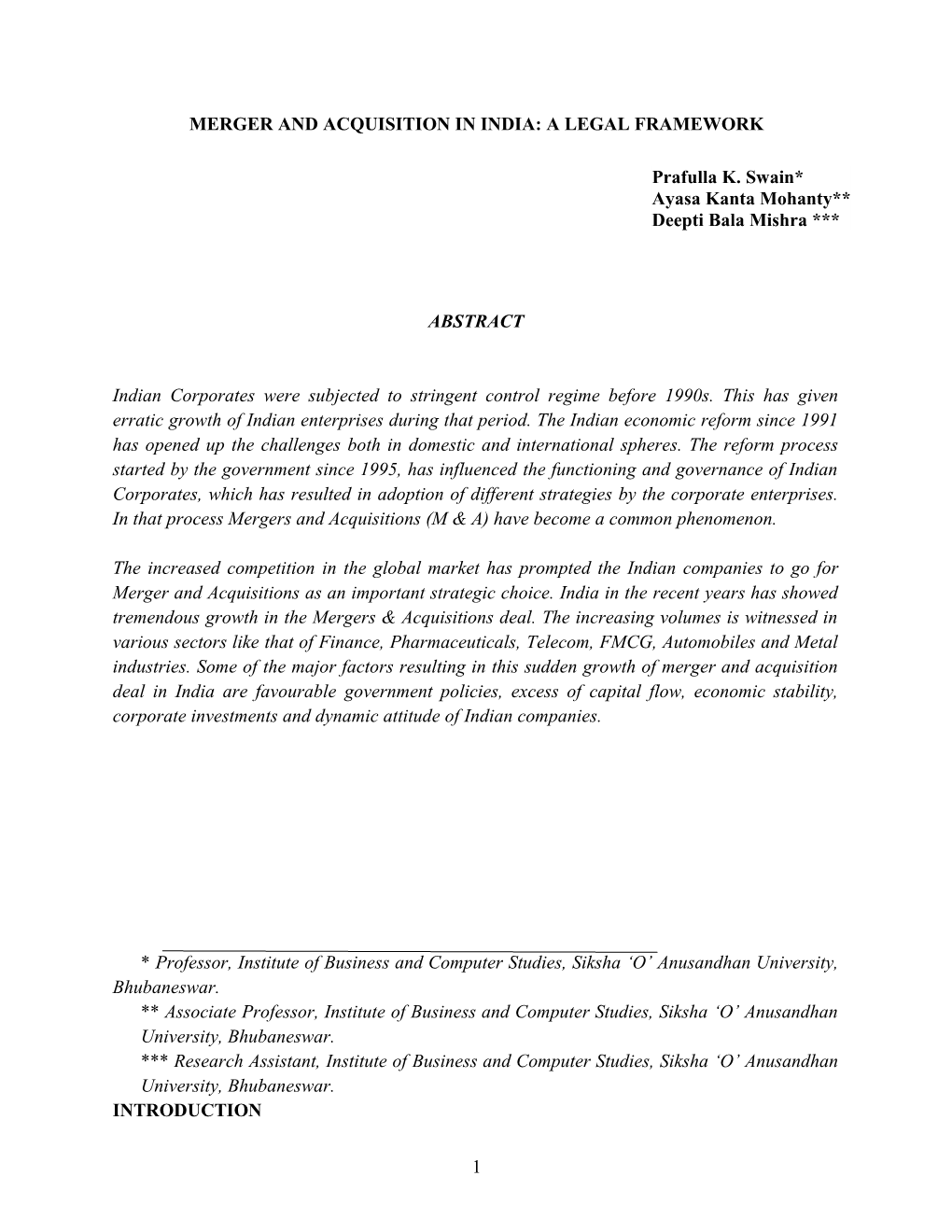 Merger and Acquisition in India: a Legal Framework