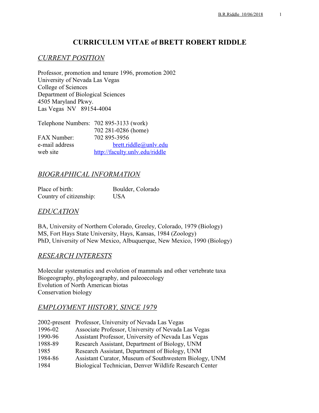 CURRICULUM VITAE of BRETT ROBERT RIDDLE