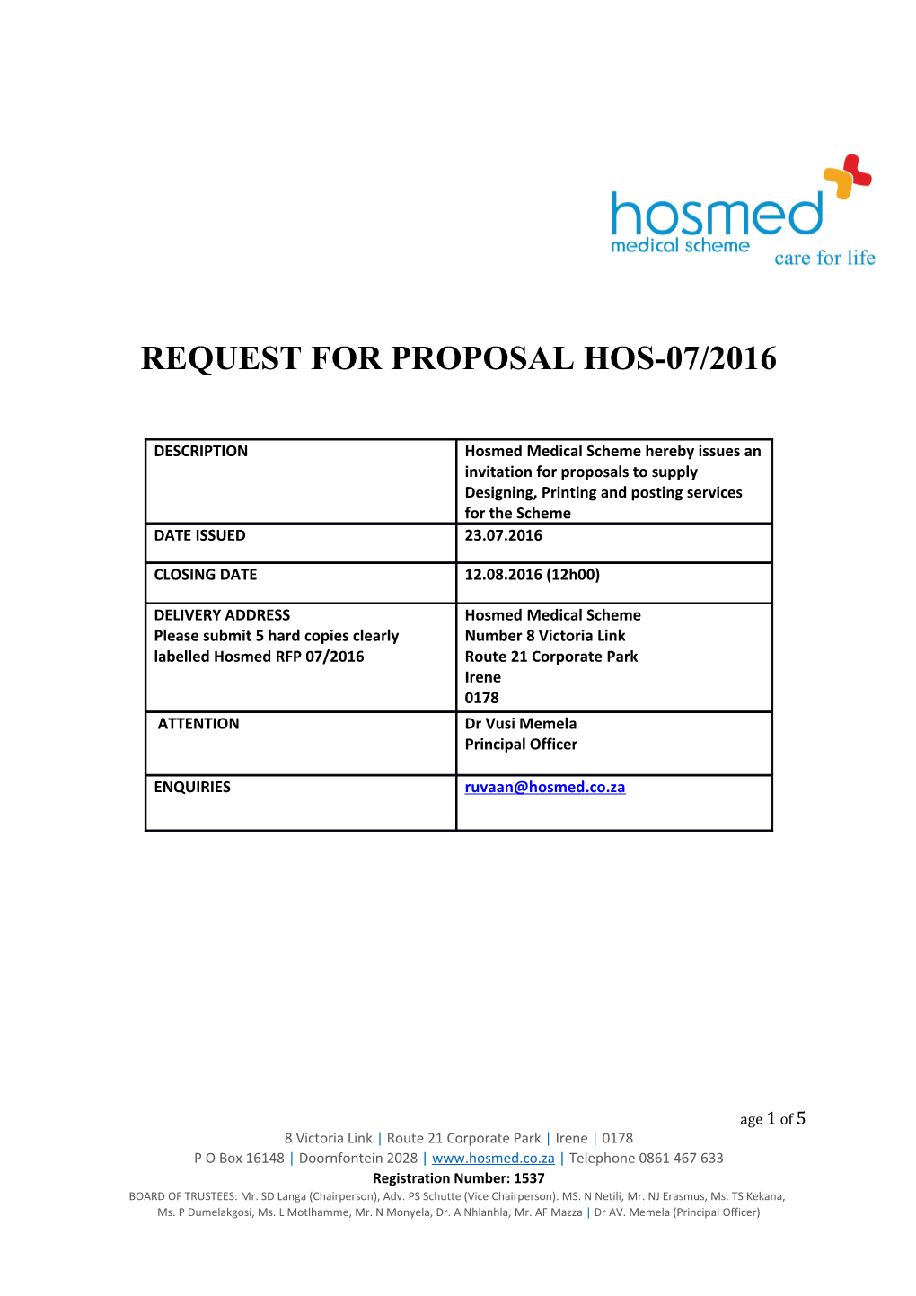 Request for Proposal Hos-07/2016