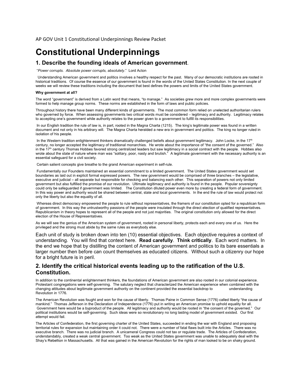 AP GOV Unit 1 Constitutional Underpinnings Review Packet