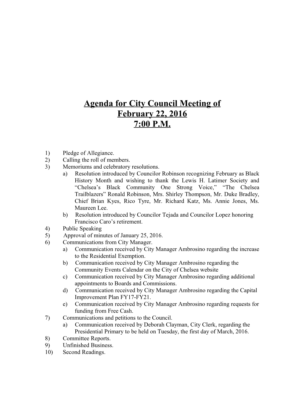 Agenda for City Council Meeting Of