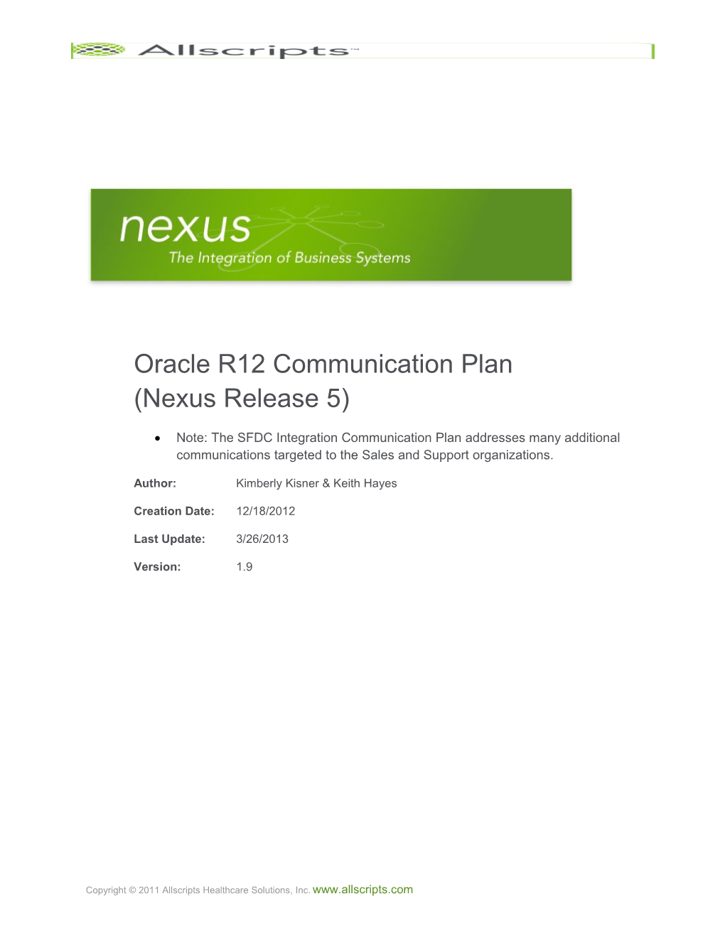 Oracle R12 Communication Plan (Nexus Release 5)