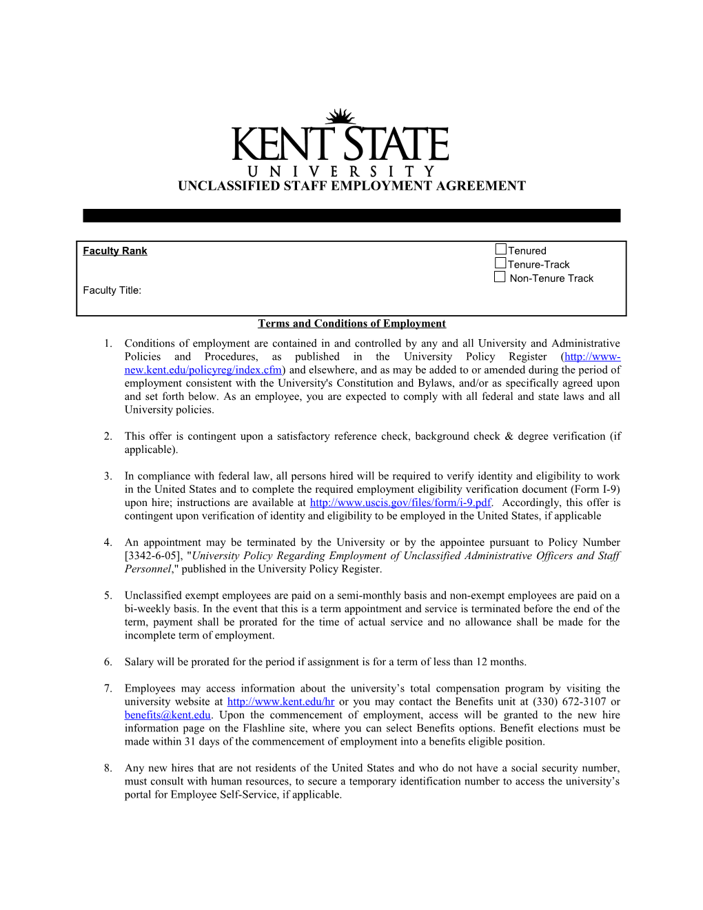 Unclassified Staff Employment Agreement