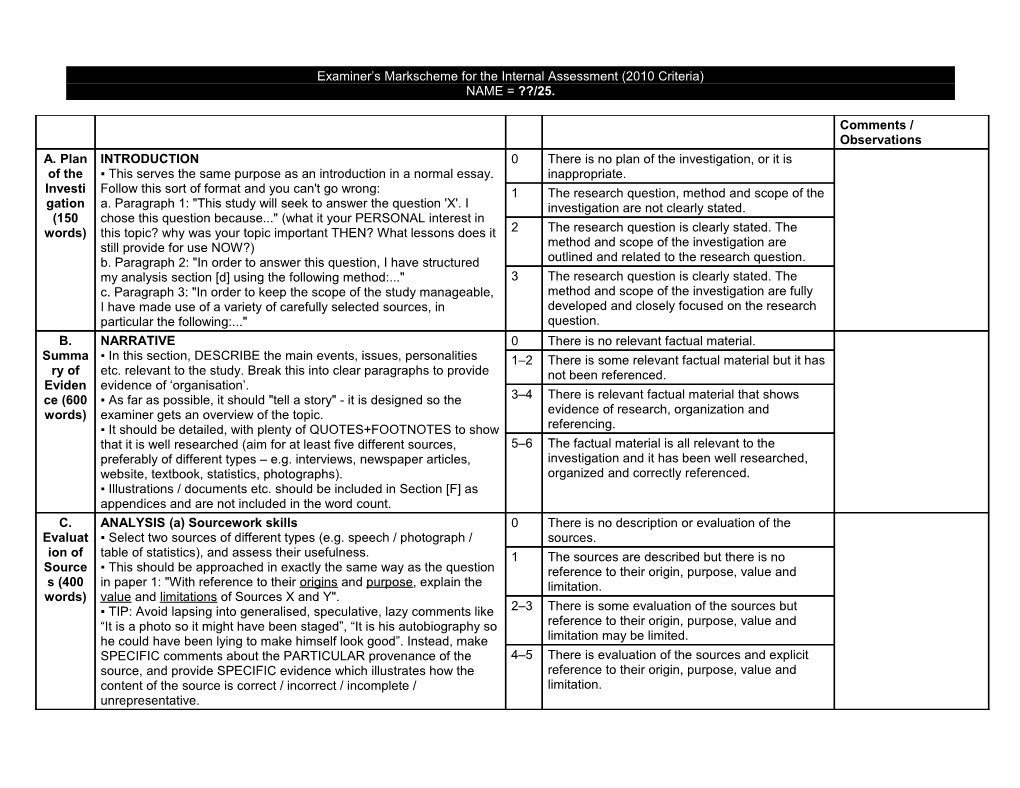 Examiner S Markscheme for the Internal Assessment (2010 Criteria)