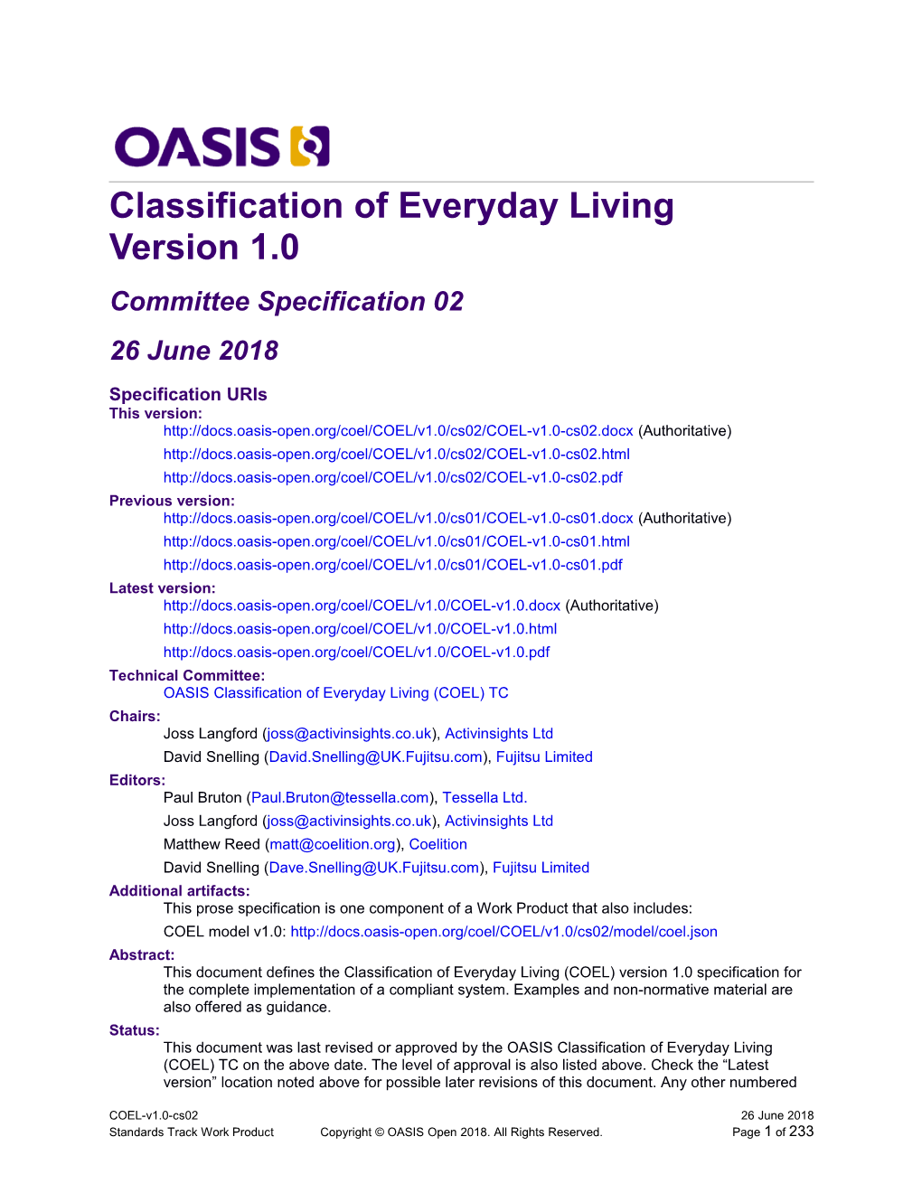 Classification of Everyday Living Version 1.0