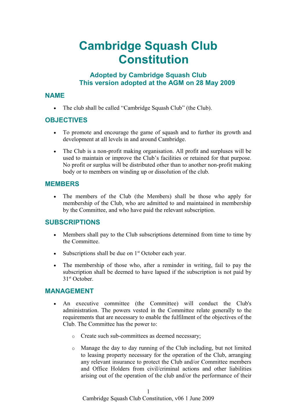 This Document Adopted by Cambridge Squash Club