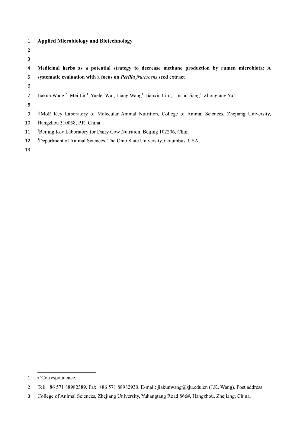 Screening of Chinese Herbal Plants for Reducing Rumen Methane Production in Vitro