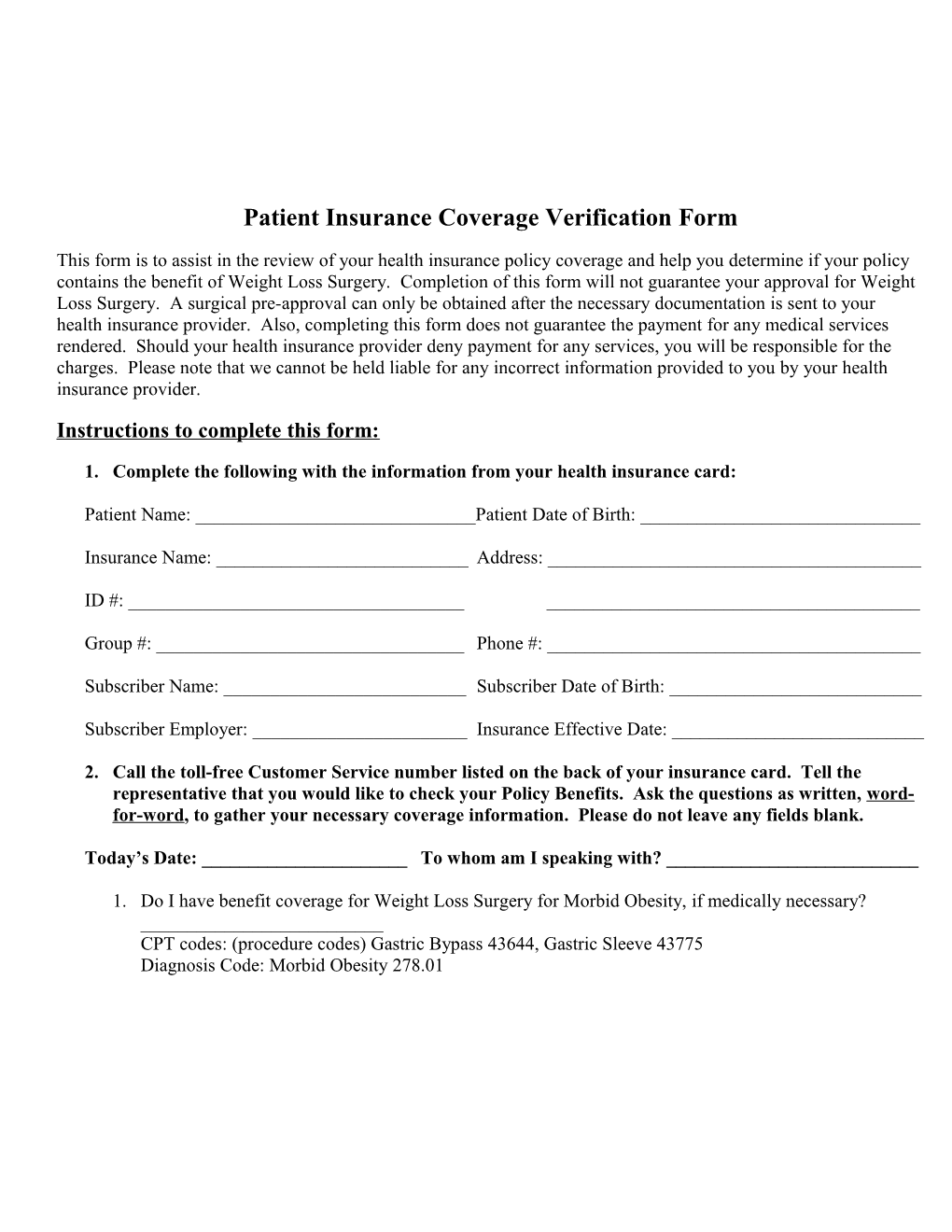 Patient Insurance Coverage Verification Form