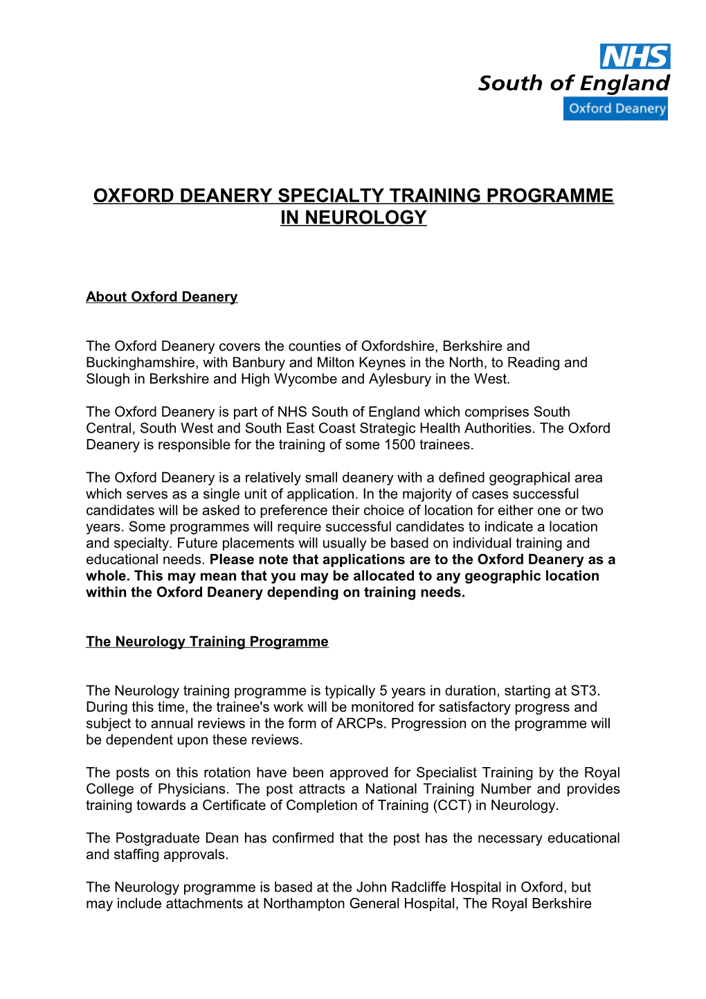 Oxford Deanery Specialty Training Programme in Neurology