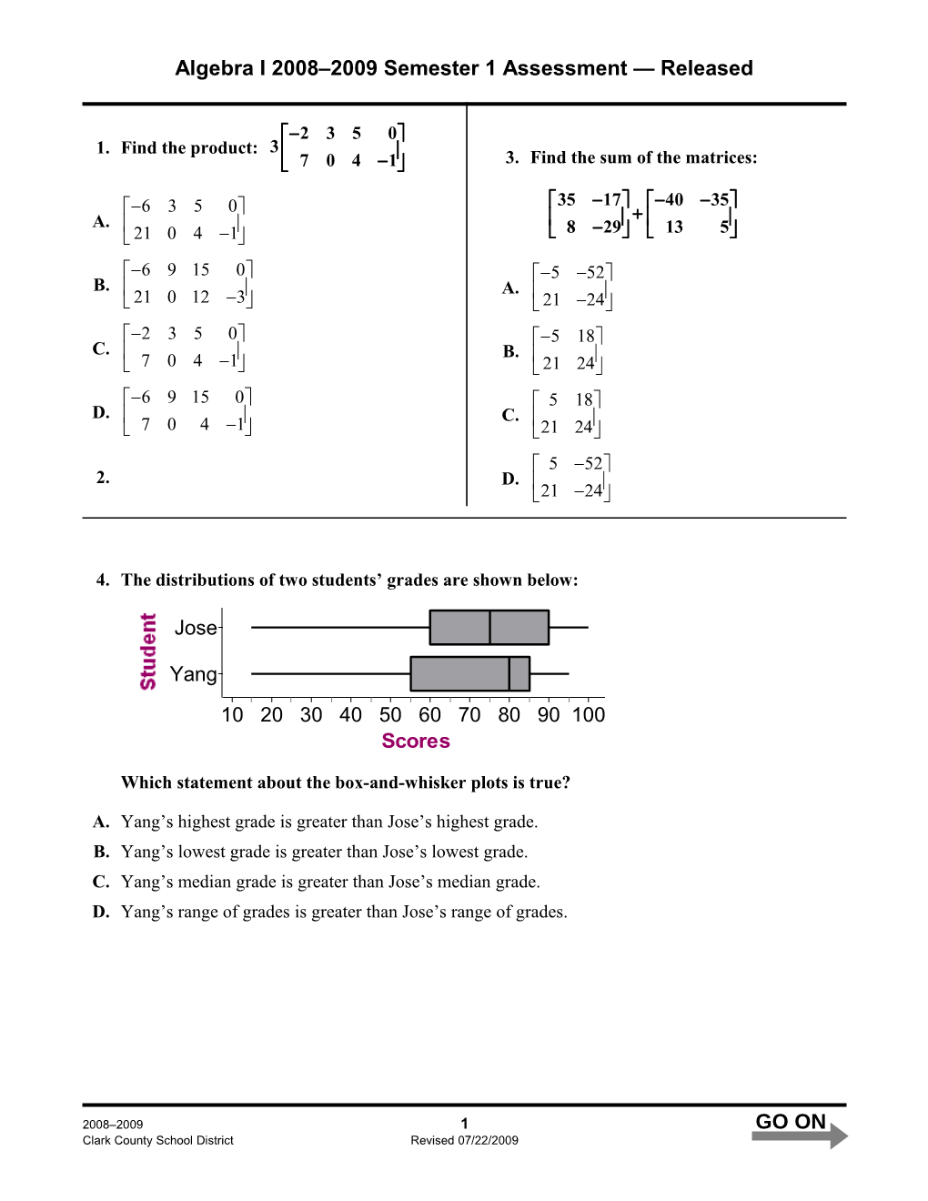 Algebra I2008 2009 Semester 1 Assessment Released