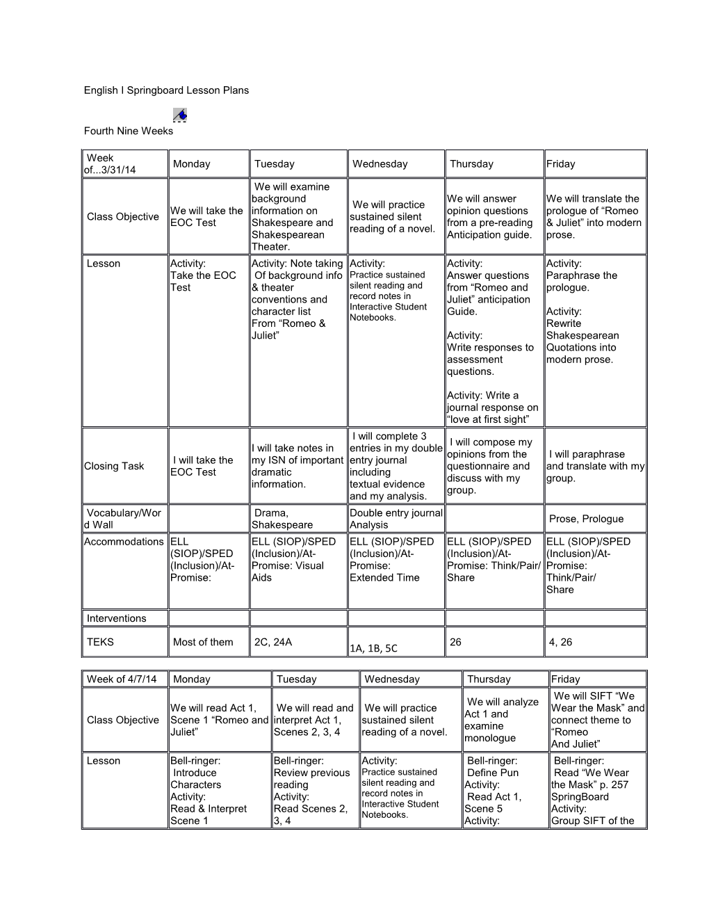 English I Springboard Lesson Plans