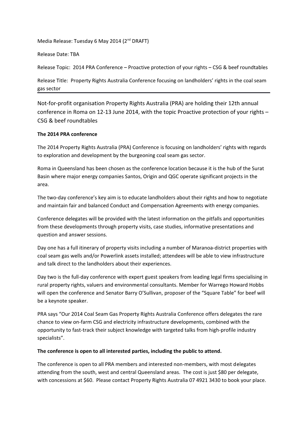 Release Topic: 2014PRA Conference Proactive Protection of Your Rights CSG & Beef Roundtables