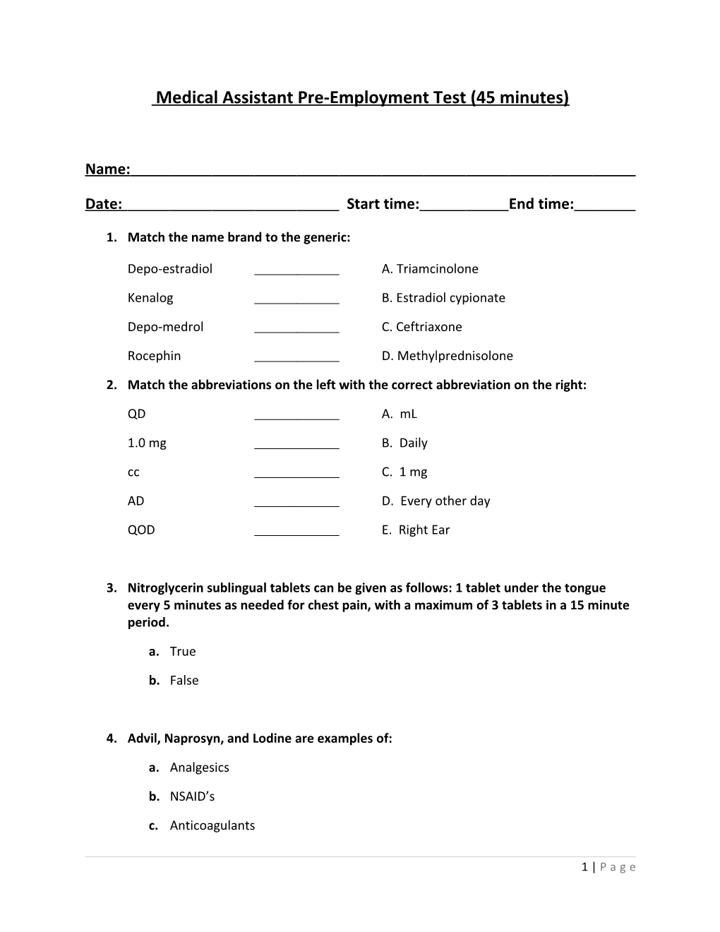 Medical Assistant Pre-Employment Test (45 Minutes)