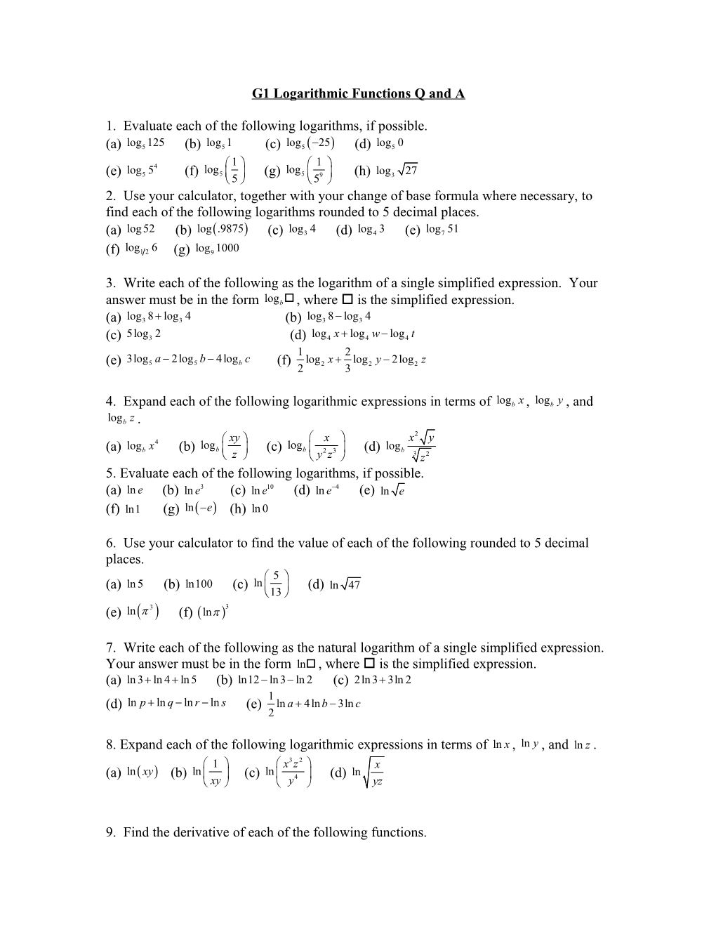 G1 Logarithmic Functions Q and A