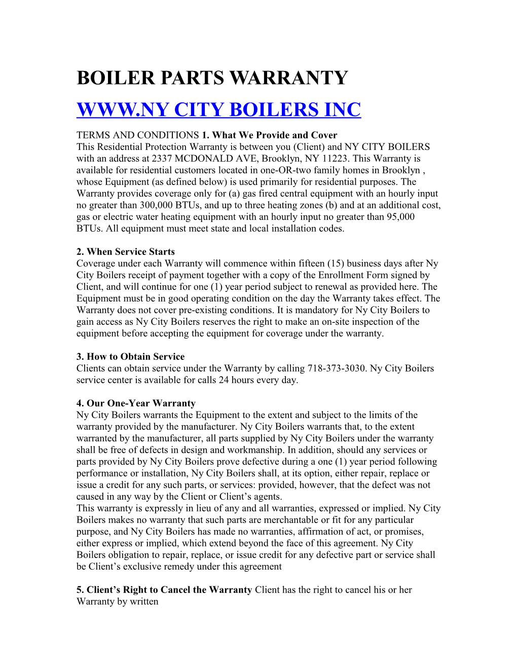 Boiler Parts Warranty