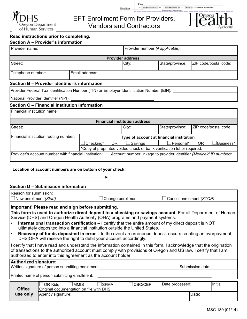 Direct Deposit Authorization Instructions - Employees DHS 189E 5/13