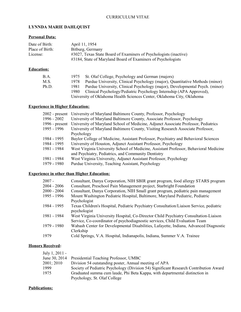 Lynnda M. Dahlquist, Ph.D.Page 1Curriculum Vitae