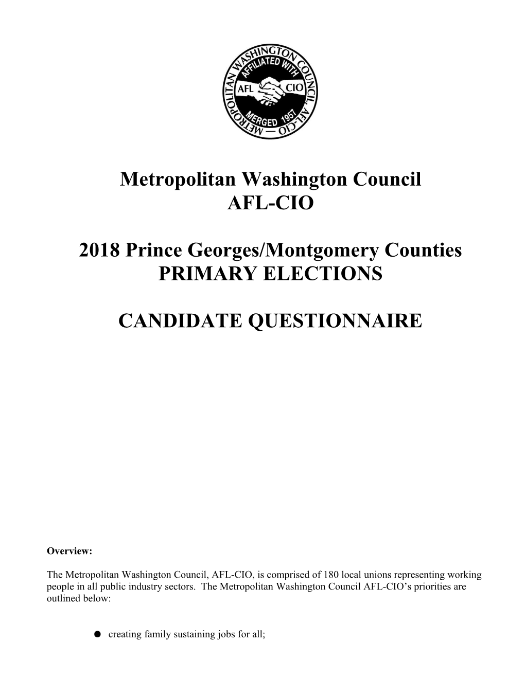 Metropolitan Washington Council: AFL-CIO 2018 PG/Montgomery Counties Primary Election Candidate