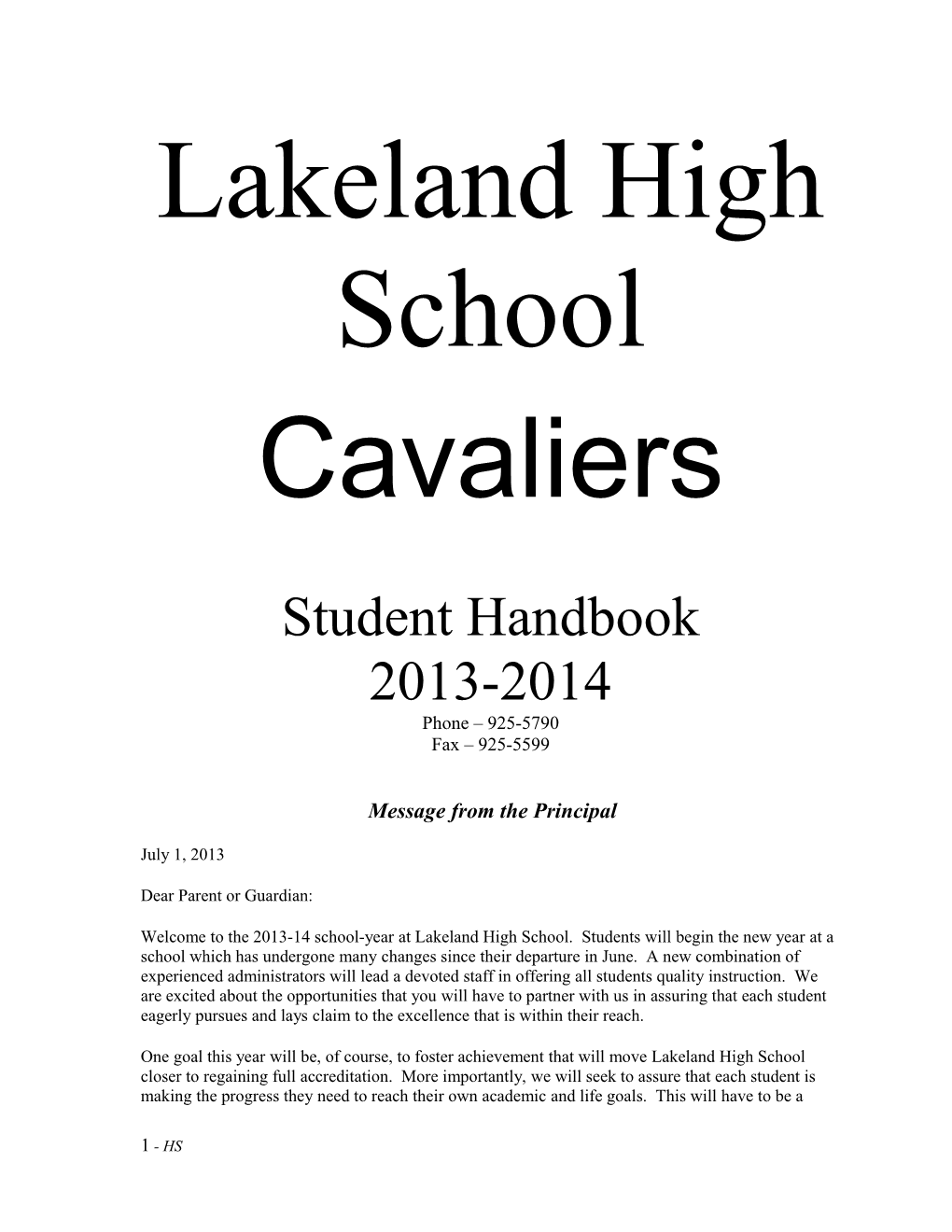 Student Handbook 13-14 - LHS Revised 1