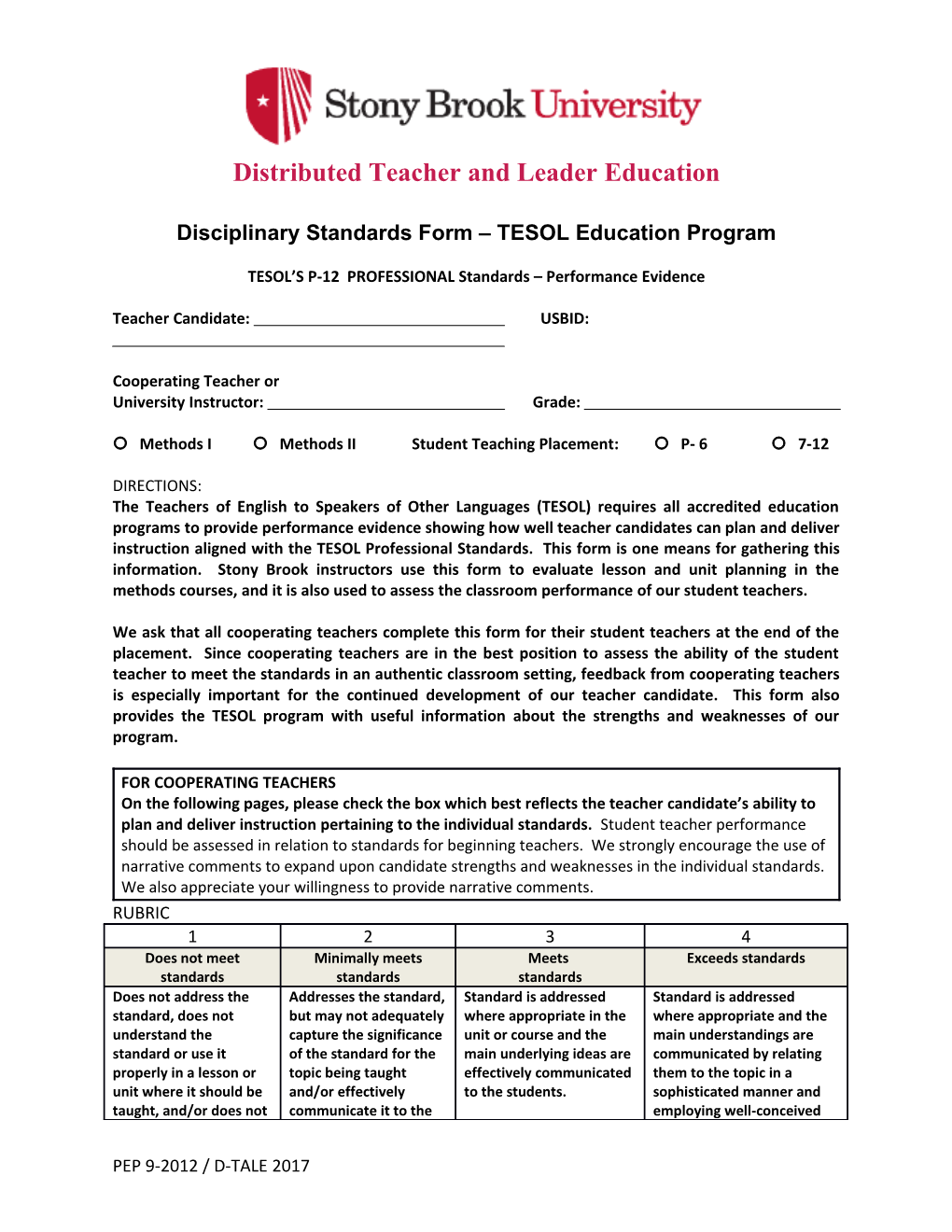 Tesol Disciplinary Standards Form (Dsf)