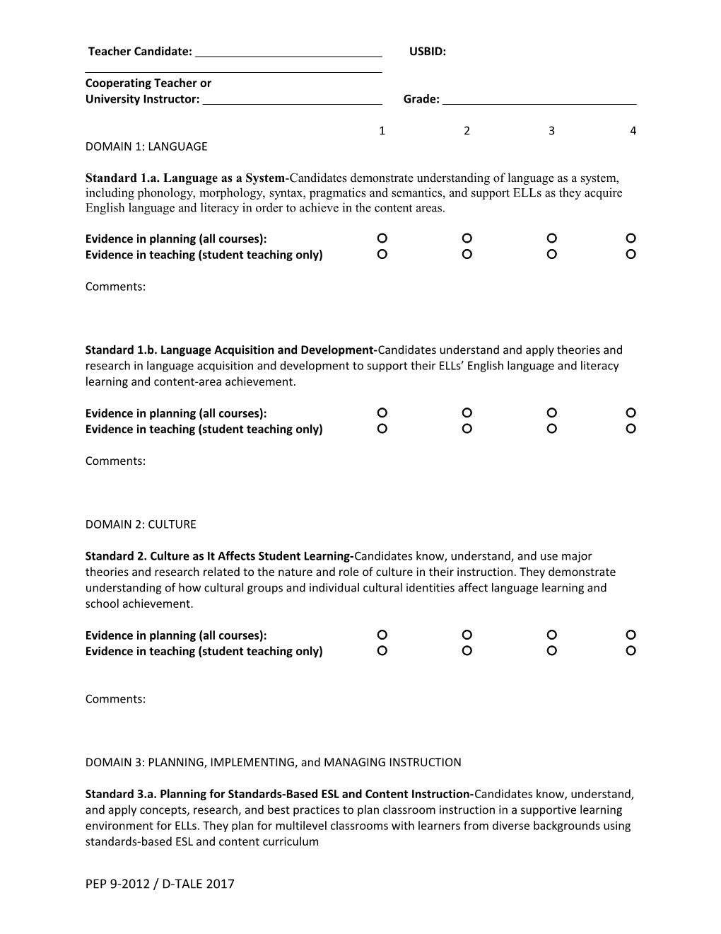 Tesol Disciplinary Standards Form (Dsf)