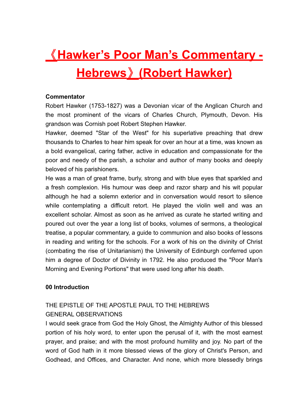 Hawker S Poor Man Scommentary-Hebrews (Robert Hawker)