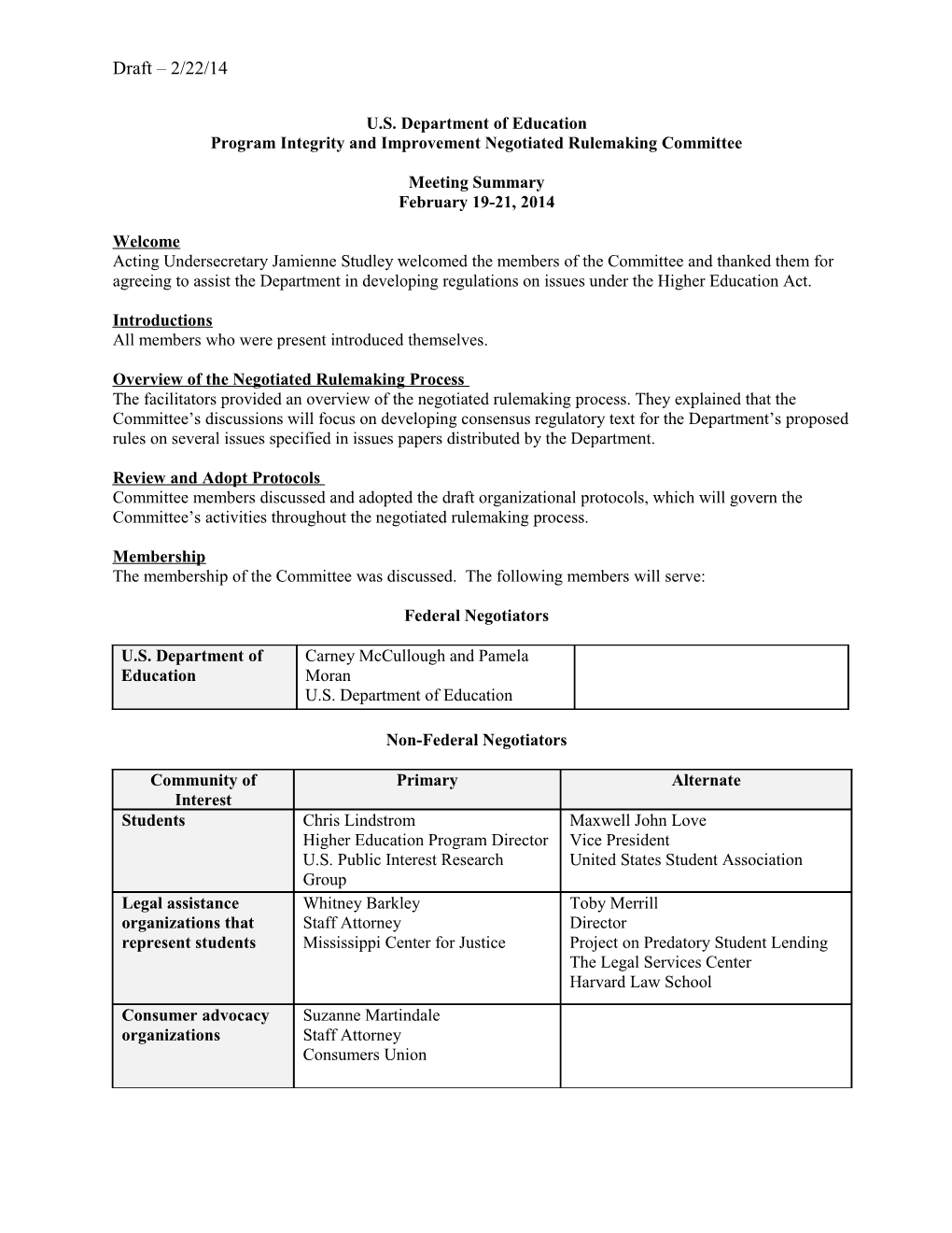 Negotiated Rulemaking for Higher Education 2012-2014: PII Session 2 - Meeting 1 Summary