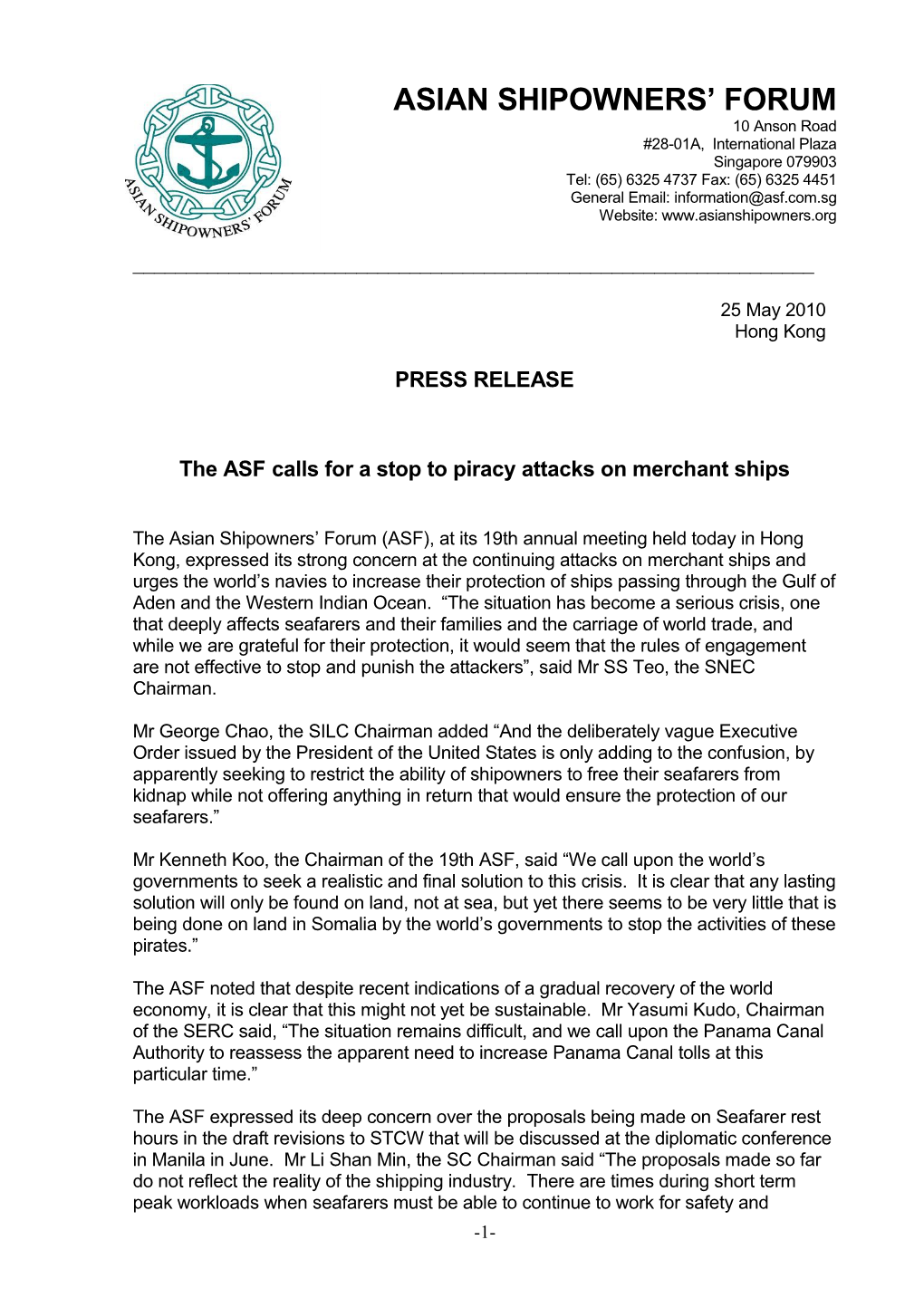The ASF Calls for a Stop to Piracy Attacks on Merchant Ships