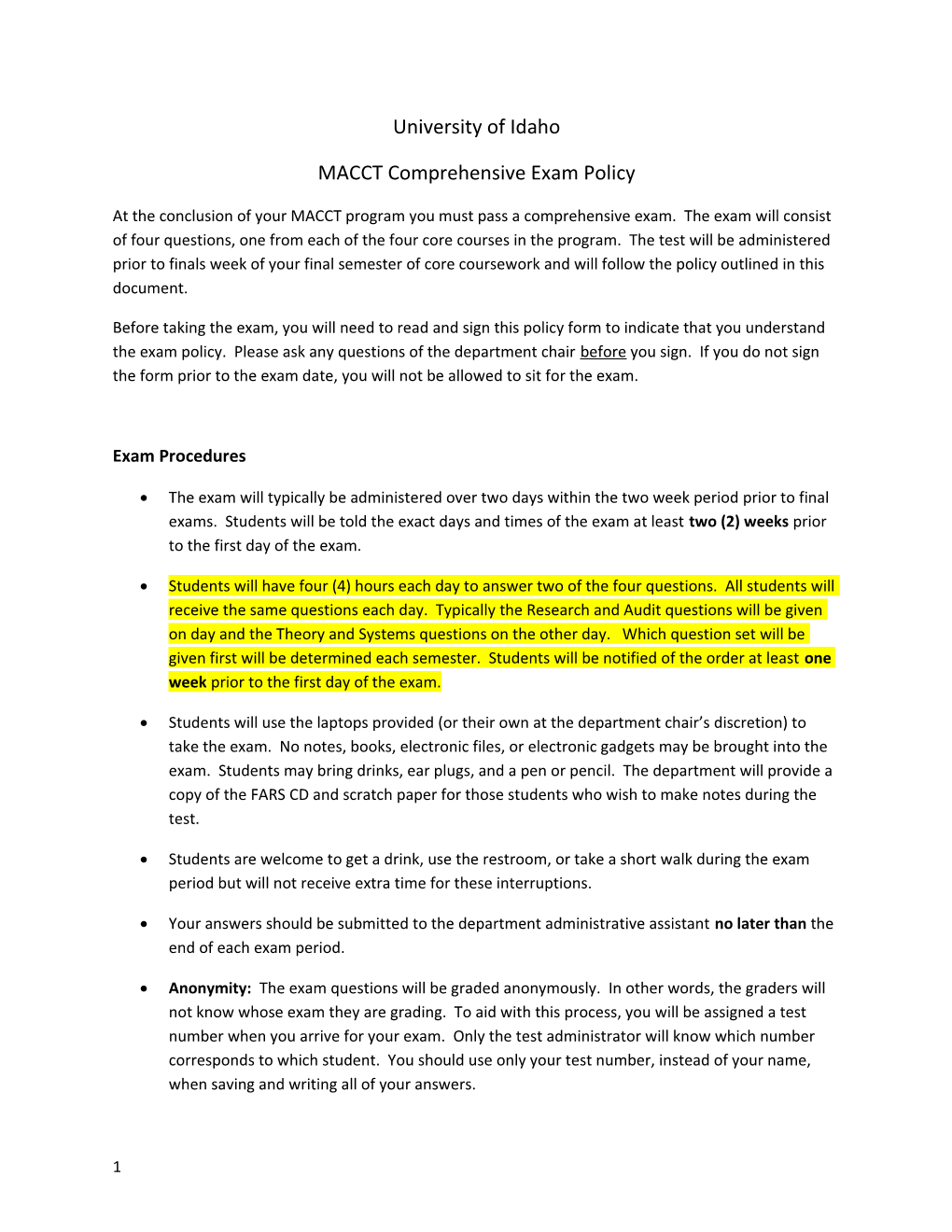 MACCT Comprehensive Exam Policy