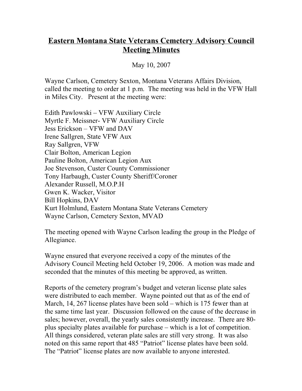 Eastern Montana State Veterans Cemetery Advisory Council