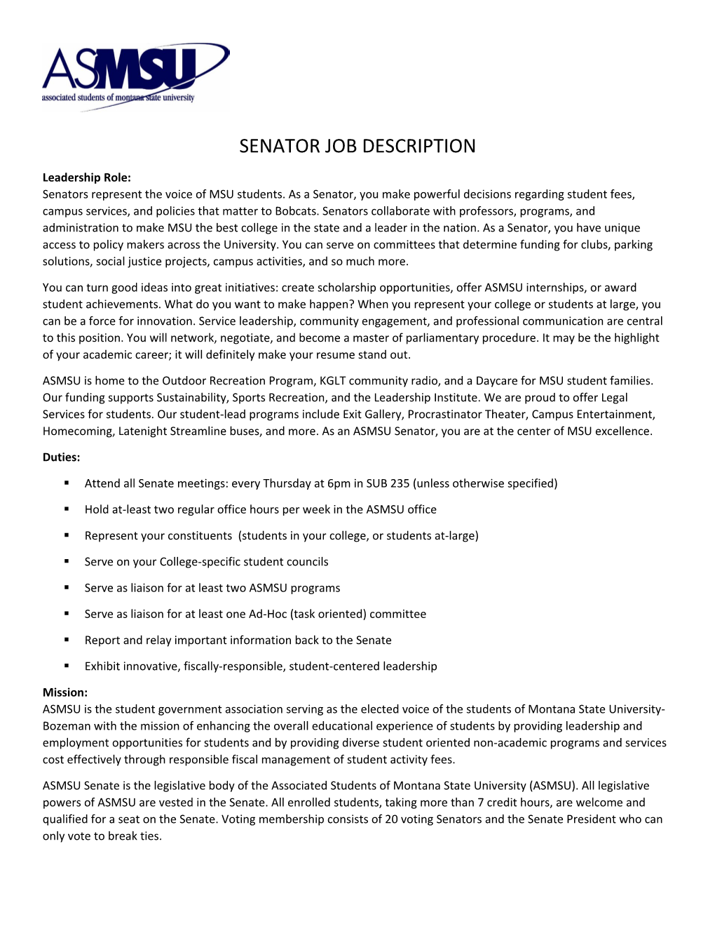 Senator Job Description