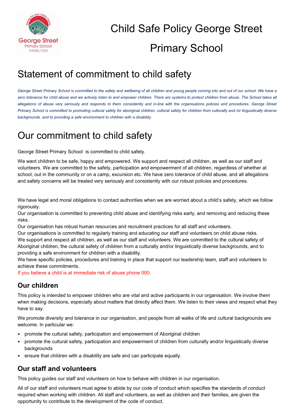 Child Safe Policy and Statement of Commitment - Child Safe Standards Toolkit: Resource 2