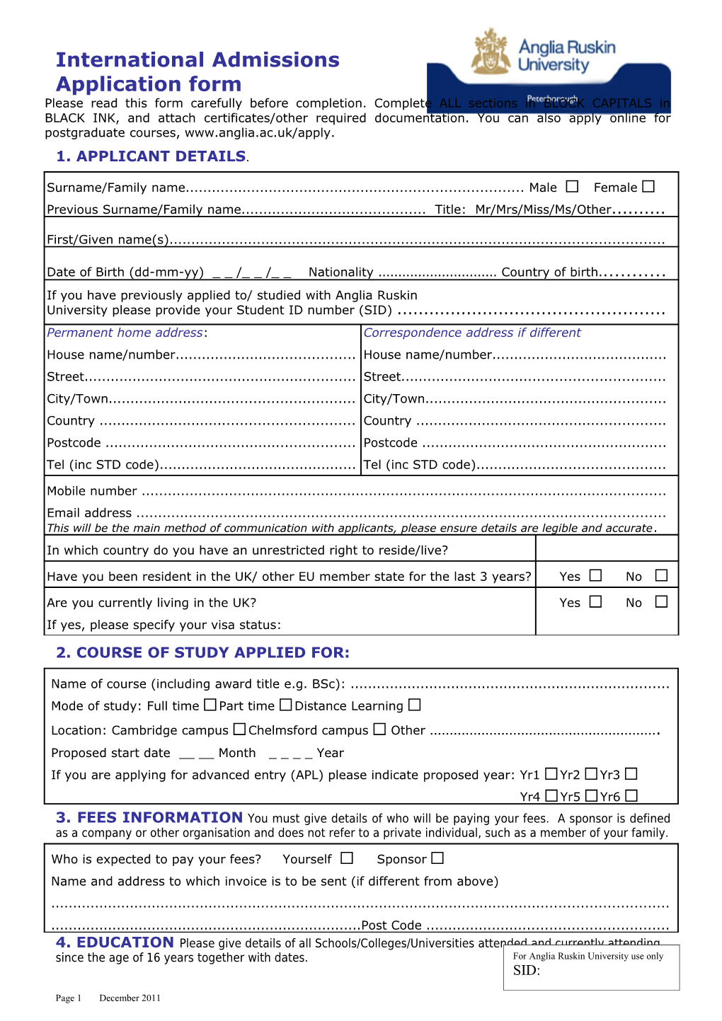 International Admissions Application Form