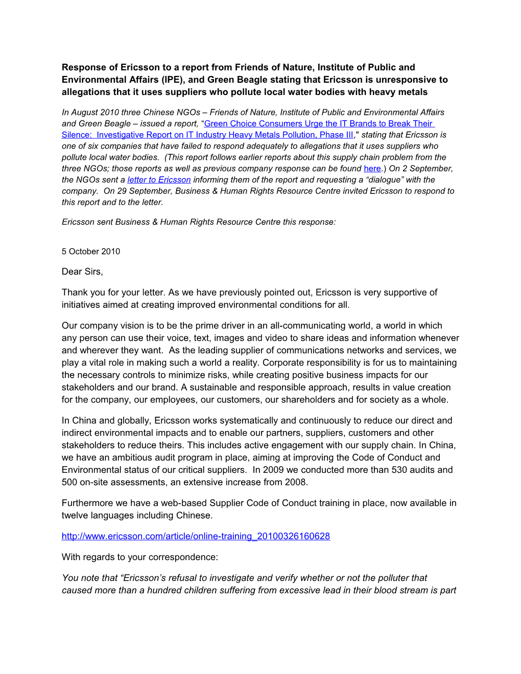 Response of Ericsson to a Report from Friends of Nature, Institute of Public and Environmental