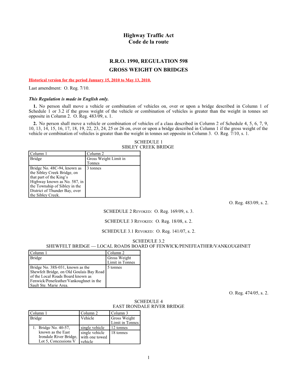 Highway Traffic Act - R.R.O. 1990, Reg. 598