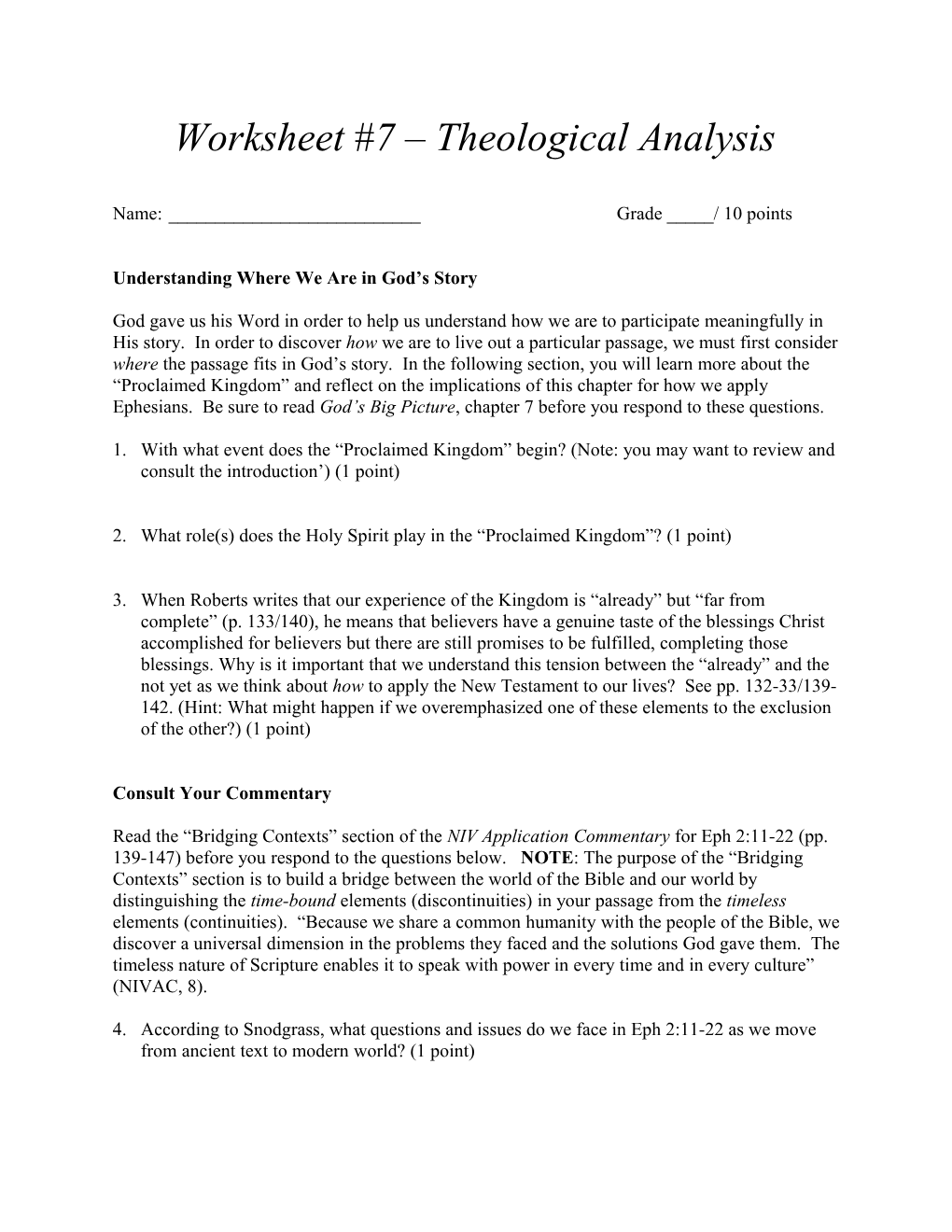 Worksheet #7 Theological Analysis
