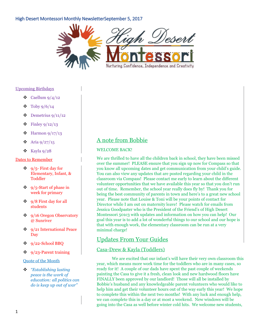 High Desert Montessori Monthly Newsletter