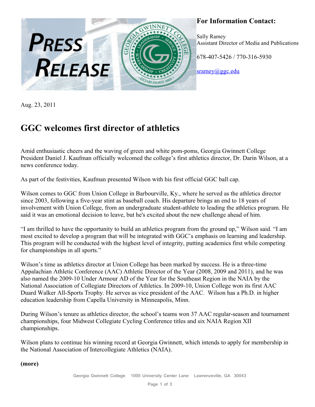 GGC Welcomes First Director of Athletics