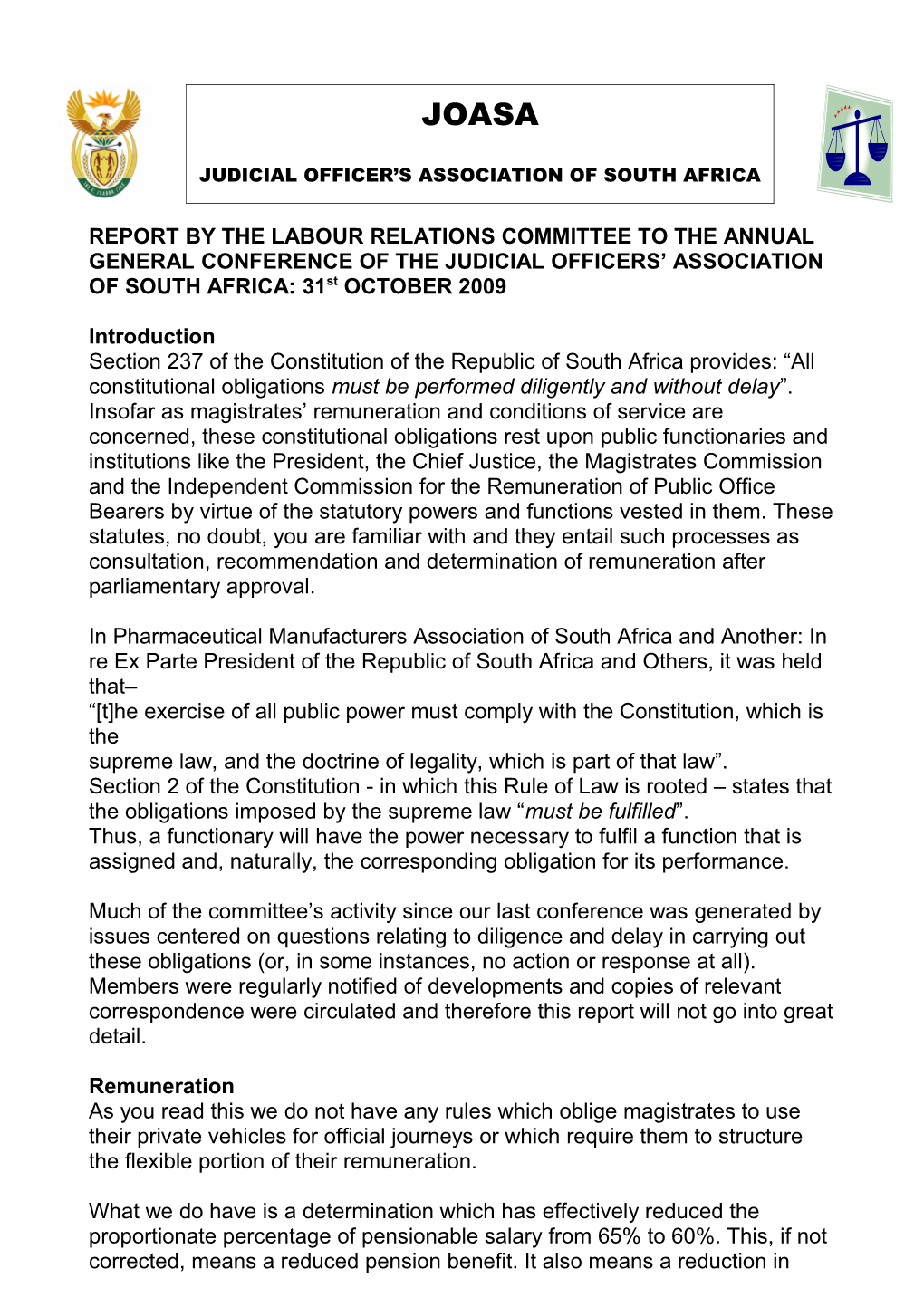 Report by the Labour Relations Committee to the Annual General Conference of the Judicial