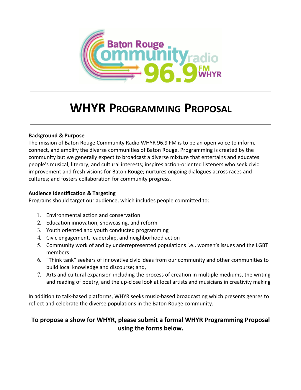 Whyr Request for Programming Proposal