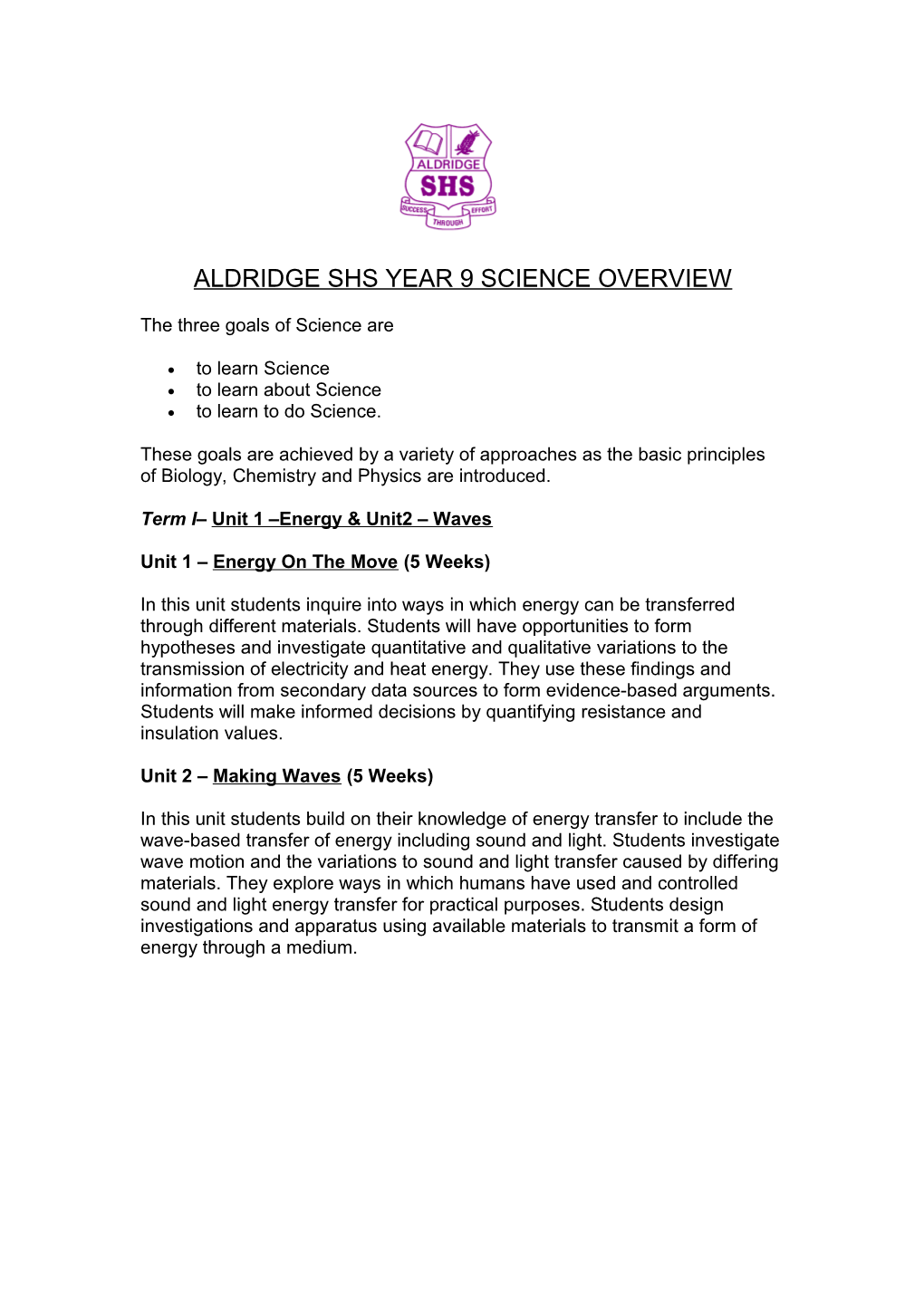 Aldridge Shs Year 9 Science Overview