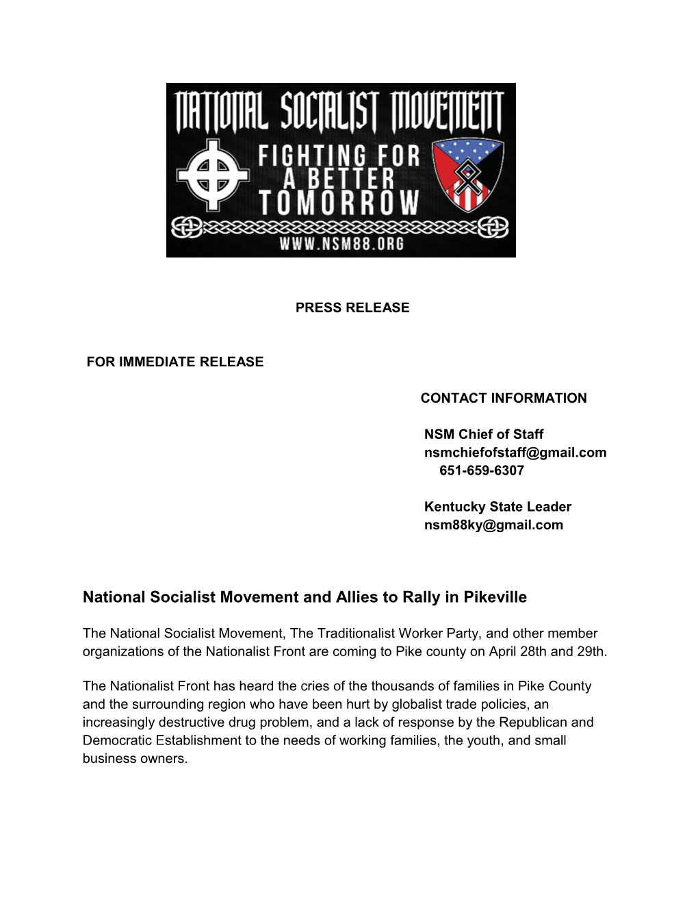 National Socialist Movement and Allies to Rally in Pikeville