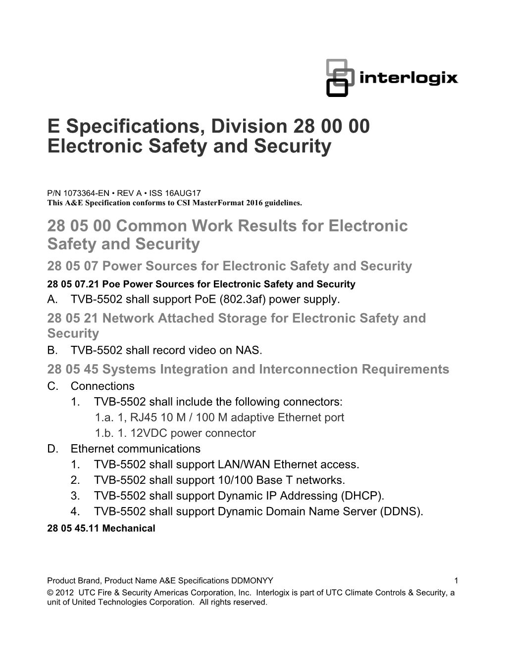 TVB-5502 IP S5 Camera A&E Specifications, Division 28 00 00 Electronic Safety and Security