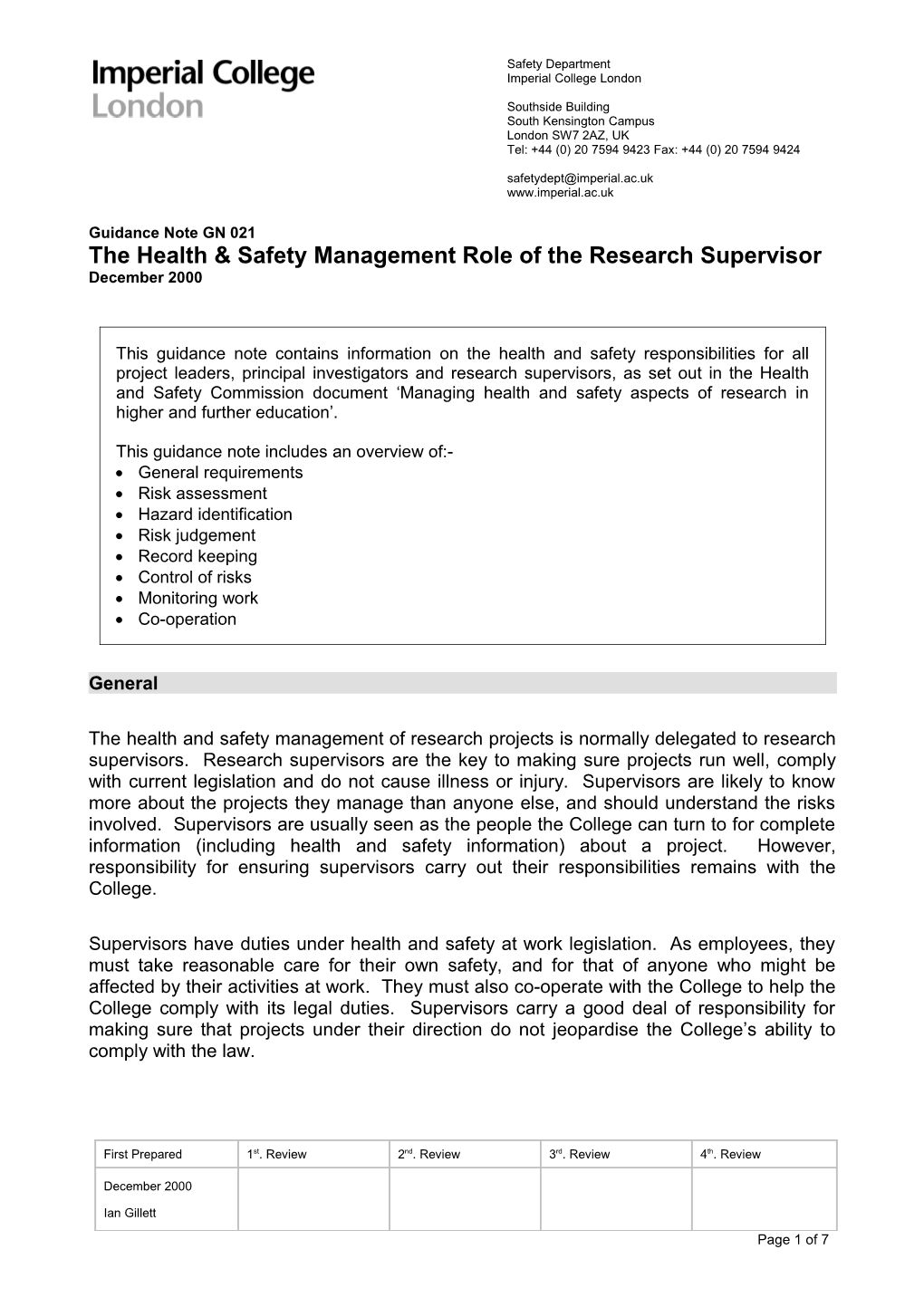 The Health & Safety Management Role of the Research Supervisor